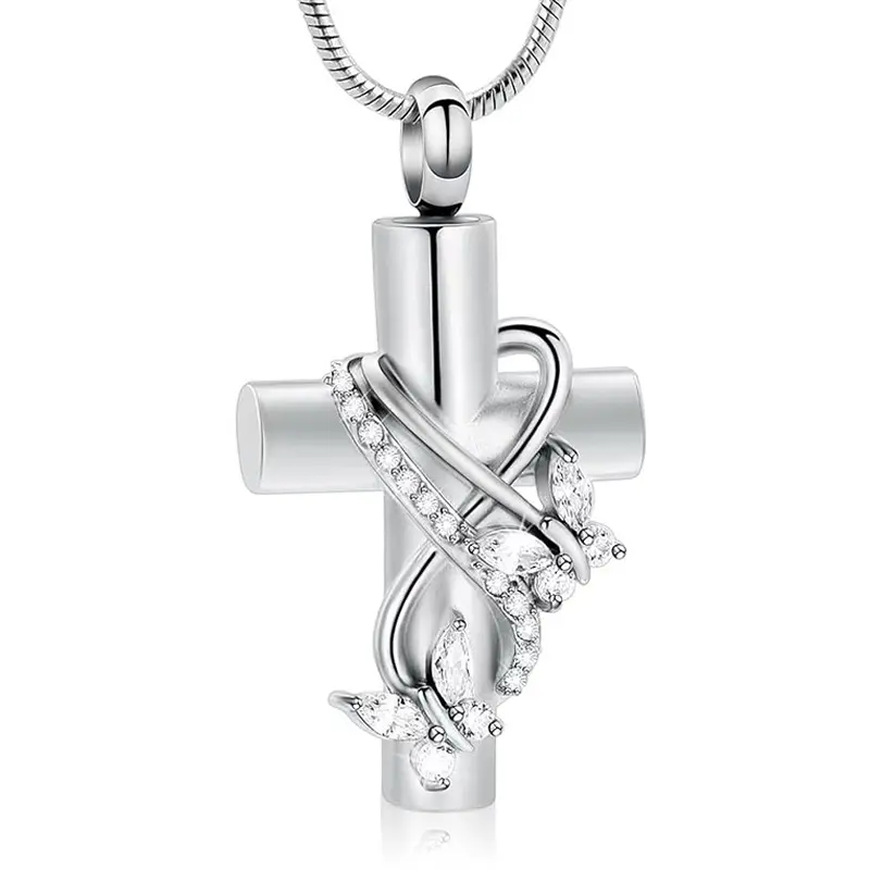 Silver cross with butterfly diamond pend