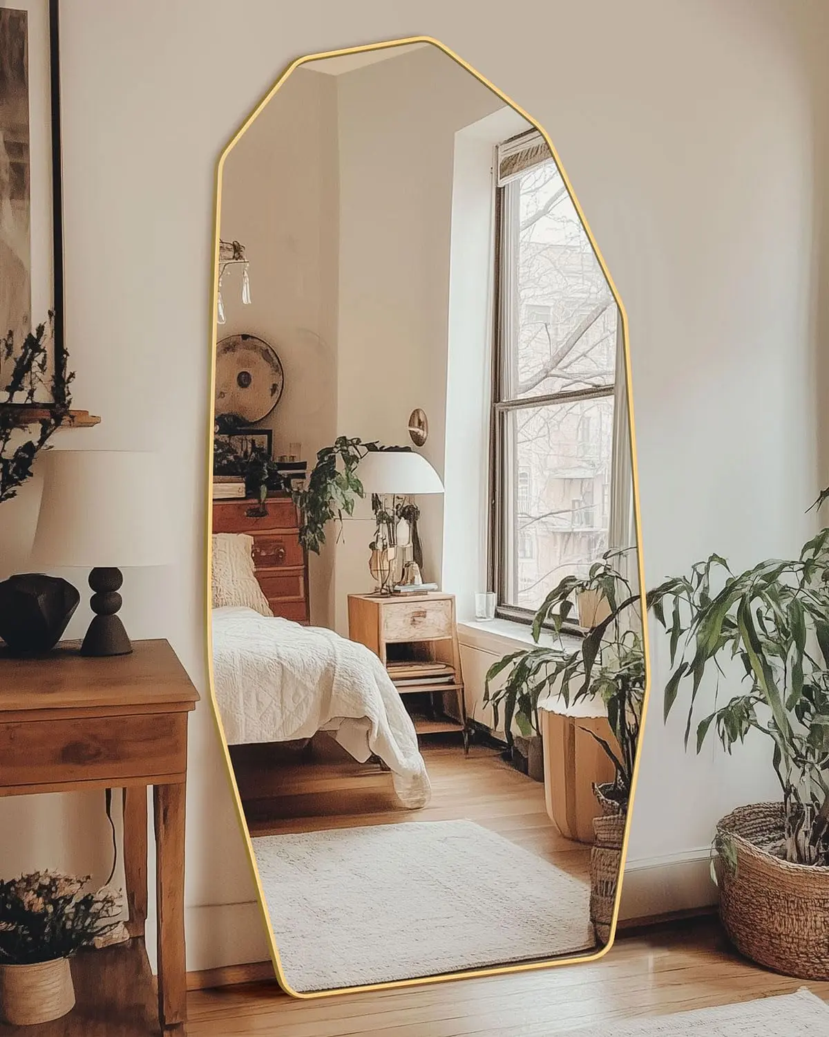 Diamond Shaped Full Length Mirror, Full Body Large Standing Mirror, Diamond Shaped, Free Standing, Wall-Mounted or Leaning, Decorative Large Mirrors for Home Bathroom Living Room, Gold