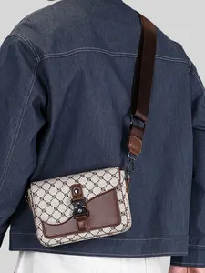 Unisex Geometric Pattern Flap Closure Fashion Crossbody Bag, Multifunctional PU Leather Travel Bag, Casual Daily Use Work School Accessory, Stylish Crossbody Bags