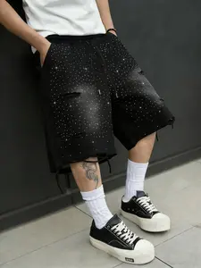 Unisex Gradient Starry Rhinestone Ripped Adjustable Drawstring Shorts, Oversized Wide Leg with Frayed Edges, High Street Shiny Dark Style, Summer Casual Versatile Knee-Length Bottoms