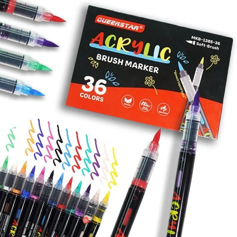 Queenstar 36 Rich Shades Acrylic Markers Set - 1-5mm Soft Brush Tip, Non-Toxic, Water-Resistant, Eco-Friendly Pens for Amateur Beginners, Experienced Craft Lovers, Rock Painting, Office Stationery