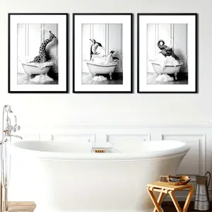 3-Piece Set Black and White Animals in Bathtub Fun Art Painting Cute Elephant Penguin Giraffe Poster Canvas Print Modern Creative Wall Art Suitable for Bathroom, Living Room, Bedroom, Dormitory, Home Decoration