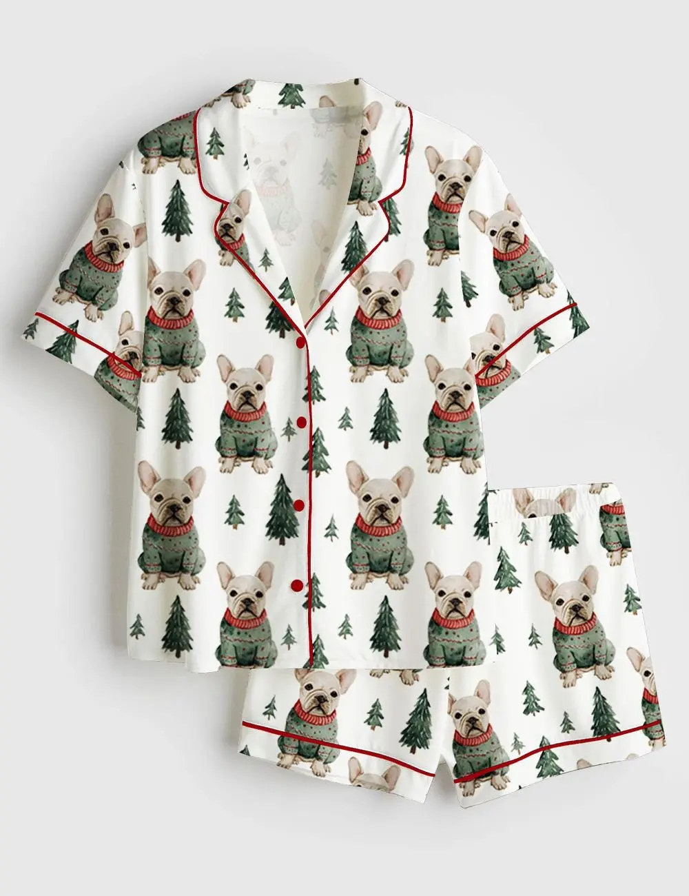 French Bulldog Christmas Sweater Short Sleeve Satin Pajama Set, Pajama Bulldog, Pajama Nightwear Set for Her Women, Pajama Christmas Cute