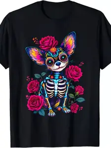 Mexican Sugar Skull Chihuahua Dia De Los Muertos Halloween T-ShirtSame Style for Men and Women 2025 Summer Short-sleeved Printed T-shirt Pure Cotton 220G