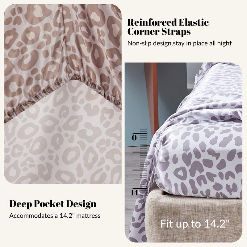 BEKRVIO- 4-Piece Purple leopard Soft Satin Sheet Set Faux Silky Bedding and Pillowcases Cooling & Wrinkle-Free  Fitted  Deep Pocket King Queen Twin Size Skin-friendly & Hair-Protective Low-Friction Cool Touch Breathable Heat-Dissipating Bed Sheet Set