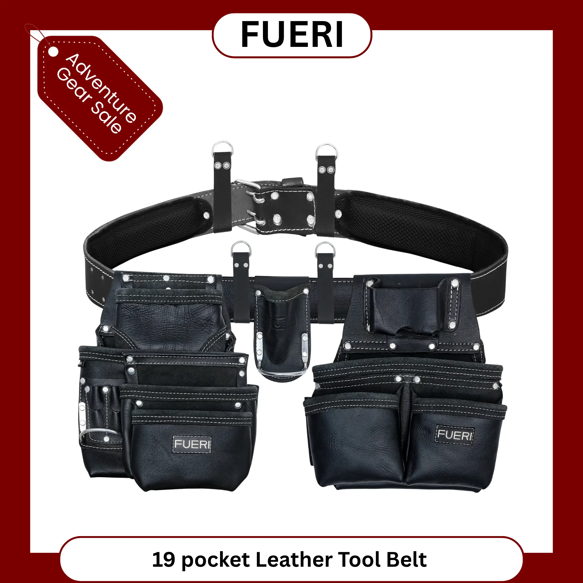 FUERI 19 Pocket Leather Tool Belt,Comes with Padded Belt, Big Pouches, Hammer Holder and Suspender loops, Ideal for Construction Workers, Carpenters and Electrician.