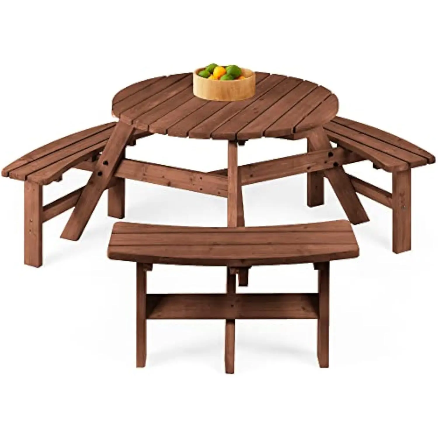 GARVEE 6-12 Person Round Outdoor Wooden Picnic Table | with 8 Built-In Benches, Umbrella Hole, Patio/Backyard Garden Dining Table, Natural Wood
