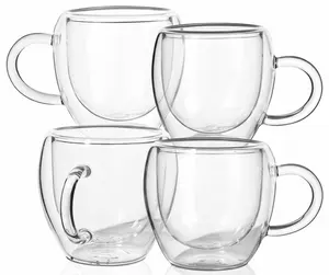4-Piece Double-Walled Borosilicate Glass Mugs with Handle - 2.5oz Heat-Resistant, Condensation-Free Espresso & Tea Cups, Ideal Kitchenware Drinkware Gift
