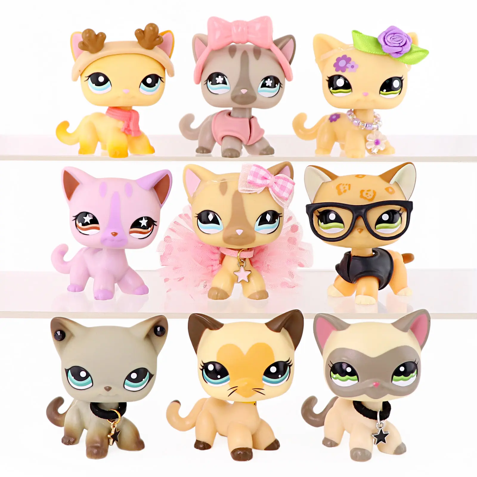9 Pcs Mini Shorthair Cat Figurines Set, Collectible Kitty Figures with Fashion Outfit Accessories, Dress Up Mini Pet Toy Collection Gift for Kids Girls Birthday Party Decor