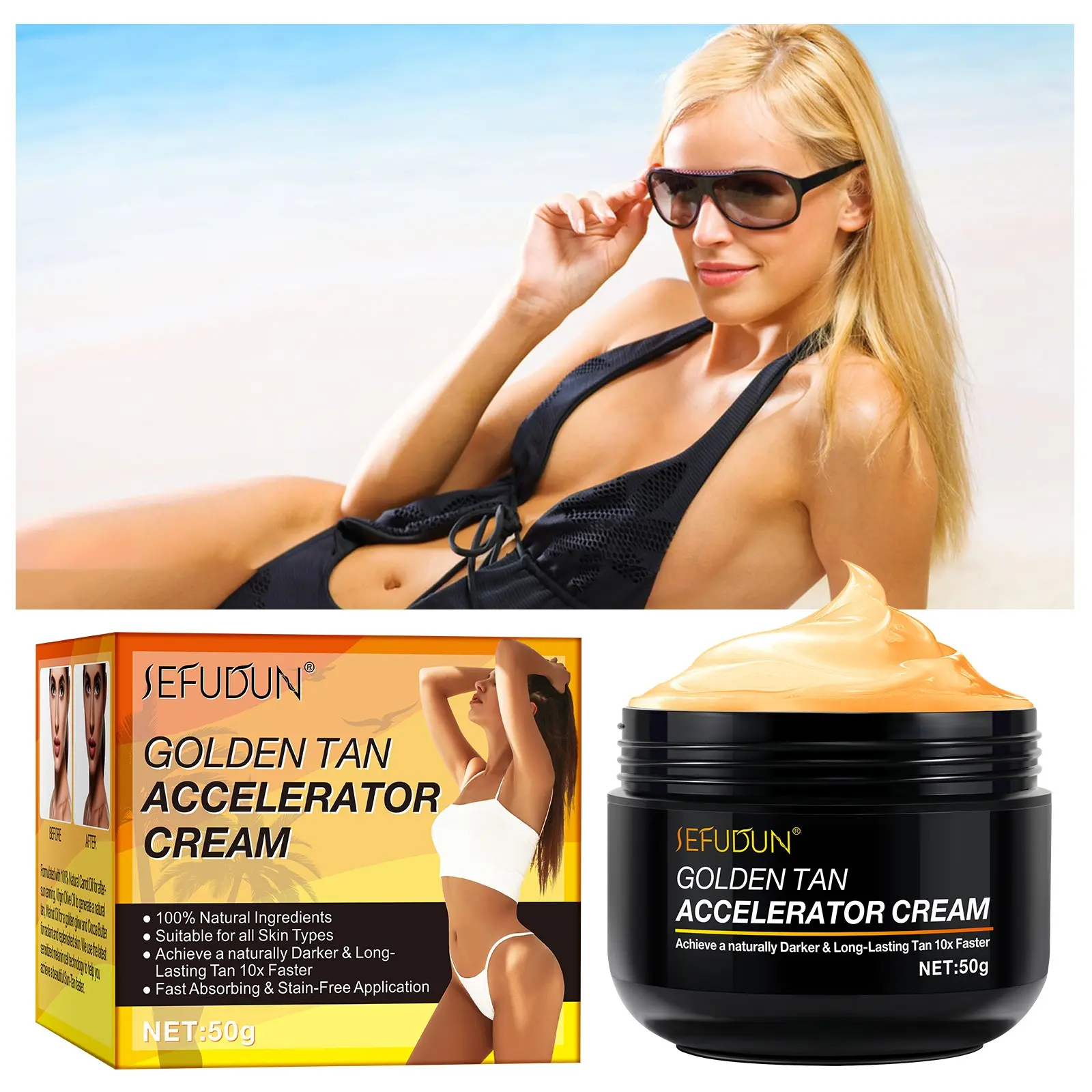 Natural Tanning Cream, Powerful sun tan cream, Tan Accelerator, Beach Bronzing Balm, achieving natural tan, easily blending with the skin. Suitable for all skin types, perfect for beach and travel. 50g per box.