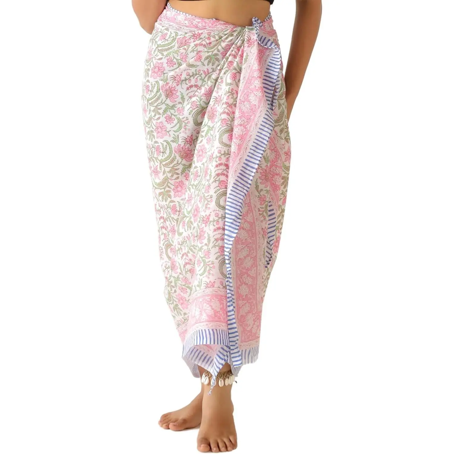 100% Cotton Sarong Cover Up for Women Indian Block Print Beach Wrap Skirt Long Boho Swimsuit Bikini Pareo (73” x 43”)