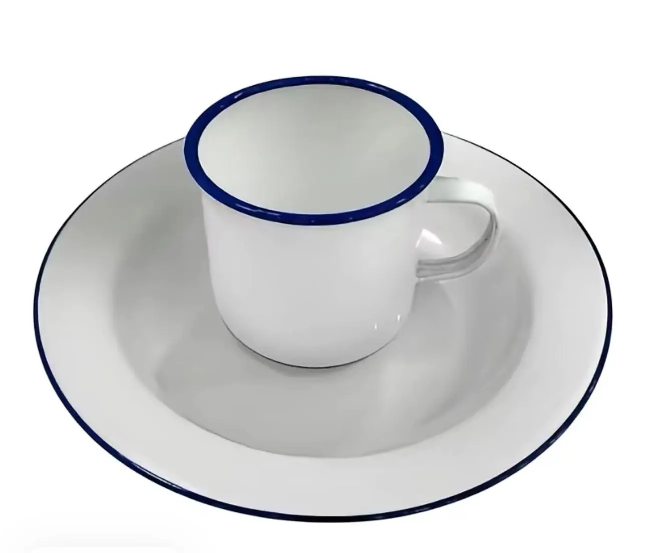 White Enamel Cup and Plate Set with Blue Rim – Classic Tableware Set