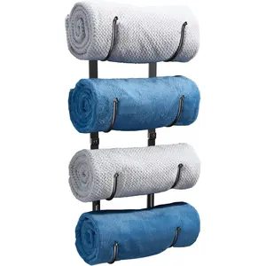 Bathroom Rolled Towel Rack: 4-Tier Wall Mounted Towel Storage Holder, Hanging Organizer for Towels, Blankets, Large Bath Sheets, Space Saving in RV, Closet, Toilet, Cabinet, Black Metal