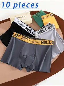 Men's Polyester Fiber Briefs 10 Pack, High Stretch Knit Fabric, Letter Pattern Design, Comfortable Fitted Shorts Underwear, Stretchy Boxer Pants