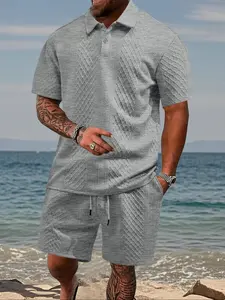 Men's knitted jacquard casual short-sleeved short pants set, with soft stretch fabric and a loose fit. Perfect for tropical beach vacations, summer casual outings and resort hotel wear, Menswear Clothes