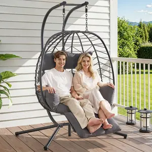 【AprilStockUp&Mother’sDay】ONBRILL Double Egg Chair with Adjustable Footrest & Stand, Rattan Hammock Swing Loveseat with Cushions & Headrests, 650LBS Capacity Hanging Chairs for Outdoor & Indoor Patio, Deck, Bedroom, Stylish Furniture,summervibes