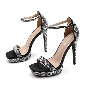 Black Rhinestone Encrusted Platform Stiletto Sandals Women's Black Crystal Embellished Ankle Strap Heels   Midnight Sparkle Rhinestone Encrusted Ankle Strap Heels