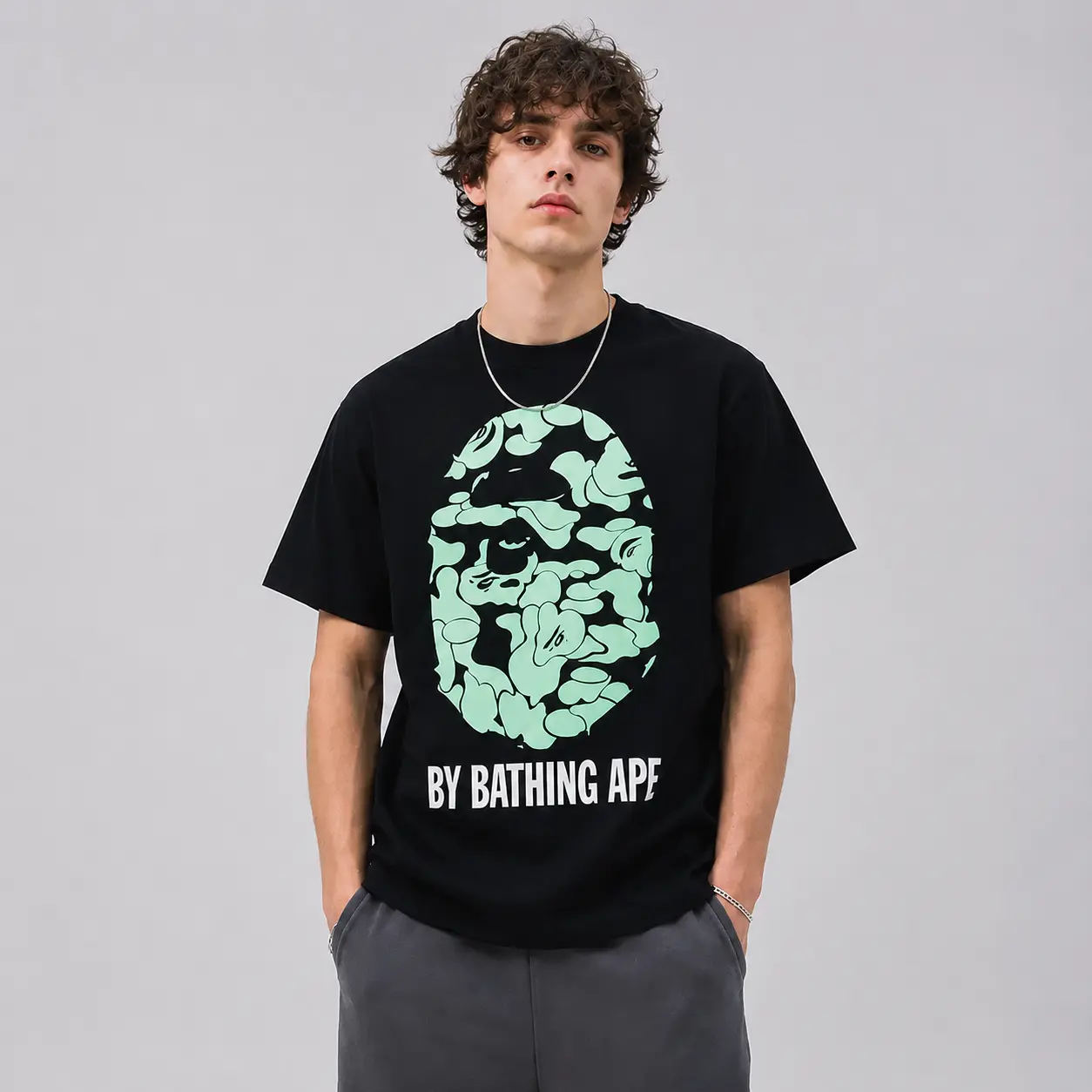 NEW 2026 Camo Tee Green Short Sleeve Crew Neck Casual Summer T-Shirt with Iconic Ape Head Design and Plaid Pattern