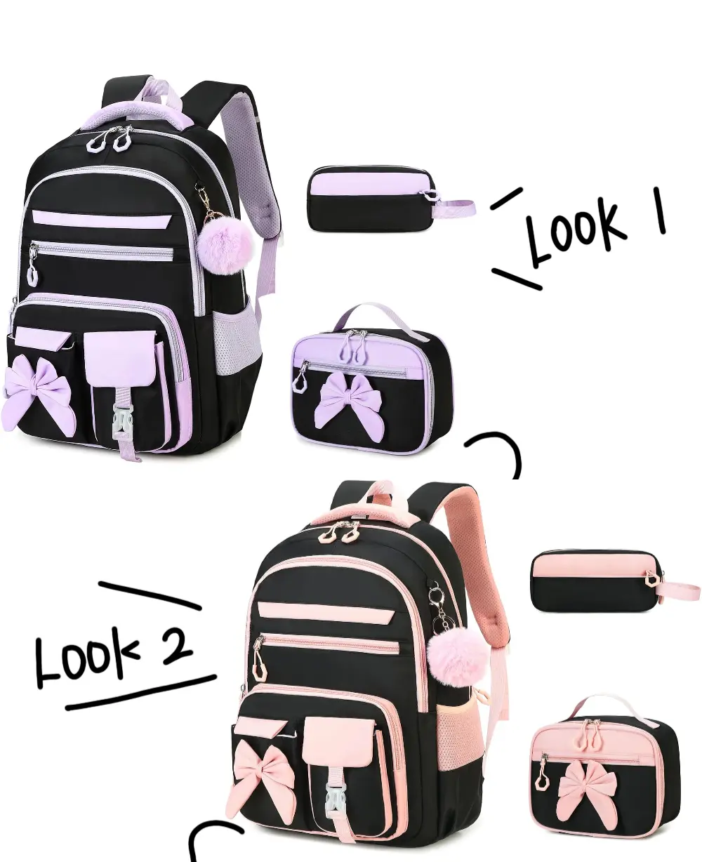 Black Pink Purple Kawaii Bow 3‑in‑1 Girls School Backpack Set Ergonomic Spine Protection Waterproof Large Capacity Bookbag Includes Lunch Tote Bag and Pencil Pouch for Elementary Primary School Girls