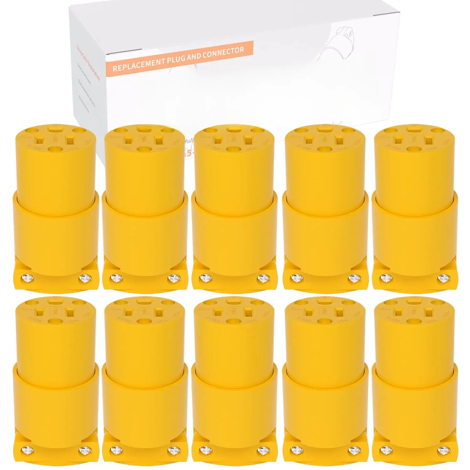 10-Count Durable NEMA 5-15R Female Extension Cord Ends, UL Listed Electrical Replacement Connectors with Brass Adjustable Clips, 15A 125V Yellow 2-Pole 3-Wire Grounding for Welding Machines, Generators, RVs, Repair Tasks, Reinforced Pp