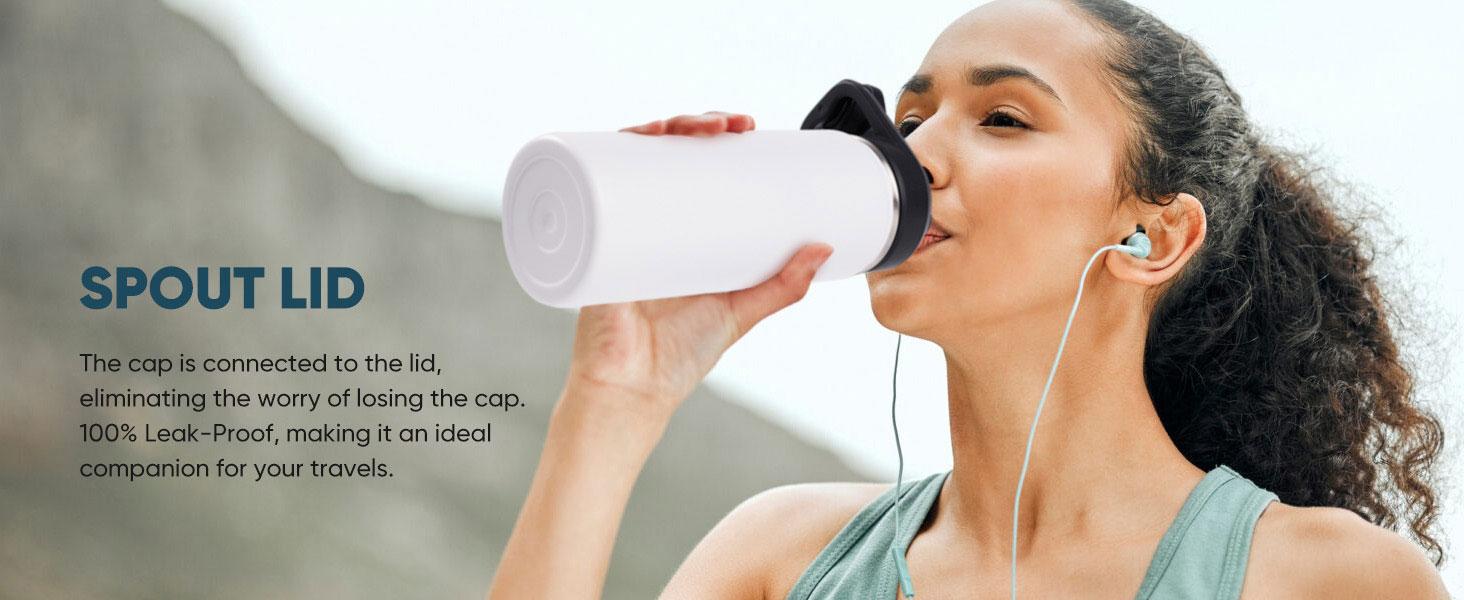 24 oz Insulated Water Bottle 304 Stainless Steel Double-Wall Vacuum Insulation 2 Lids Flip-Top Spout & Straw Lid Leak-Proof for Outdoor Activities