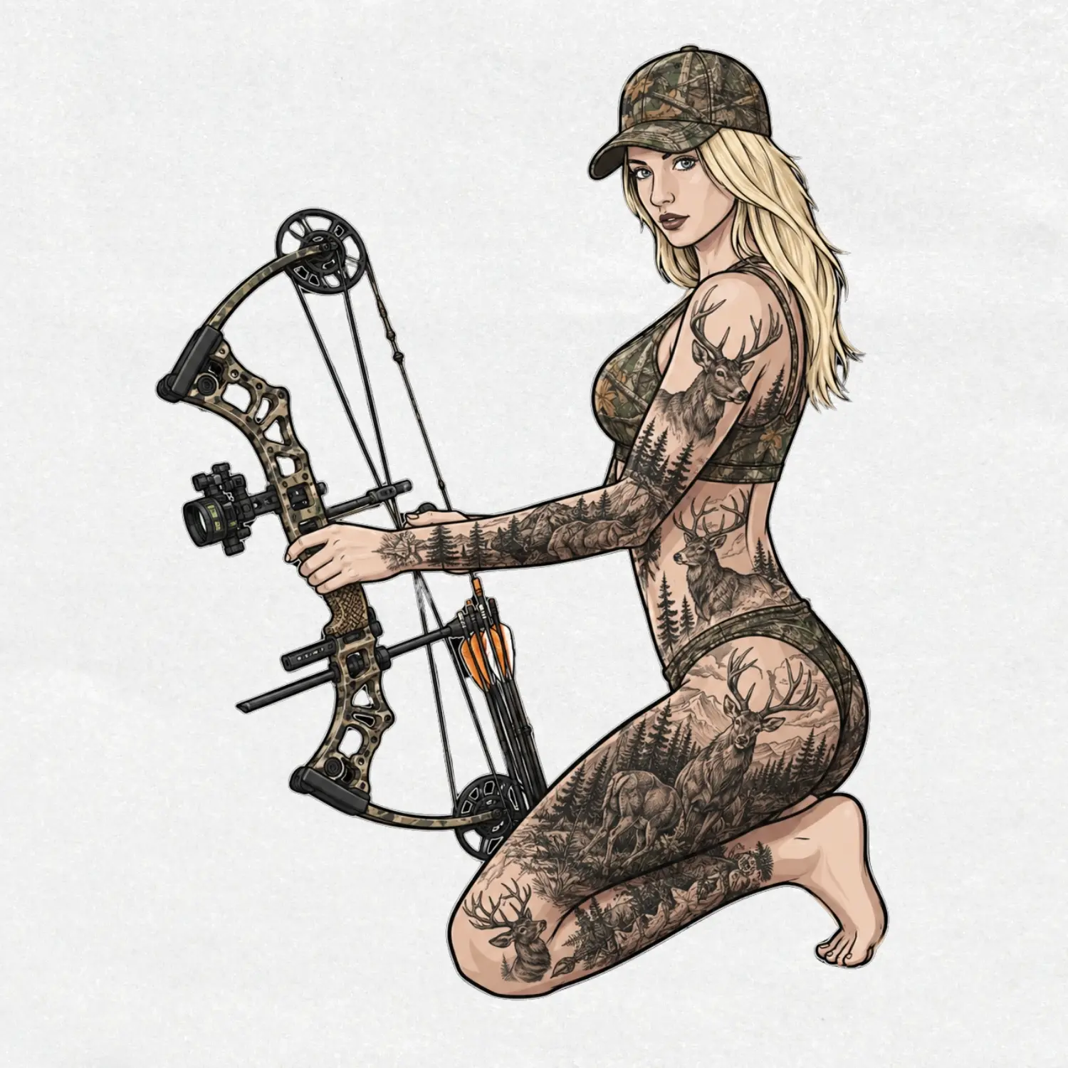 Sexy Huntress with Compound Bow Hunting Sticker – Camo Deer & Elk Tattoo Waterproof Vinyl Decal