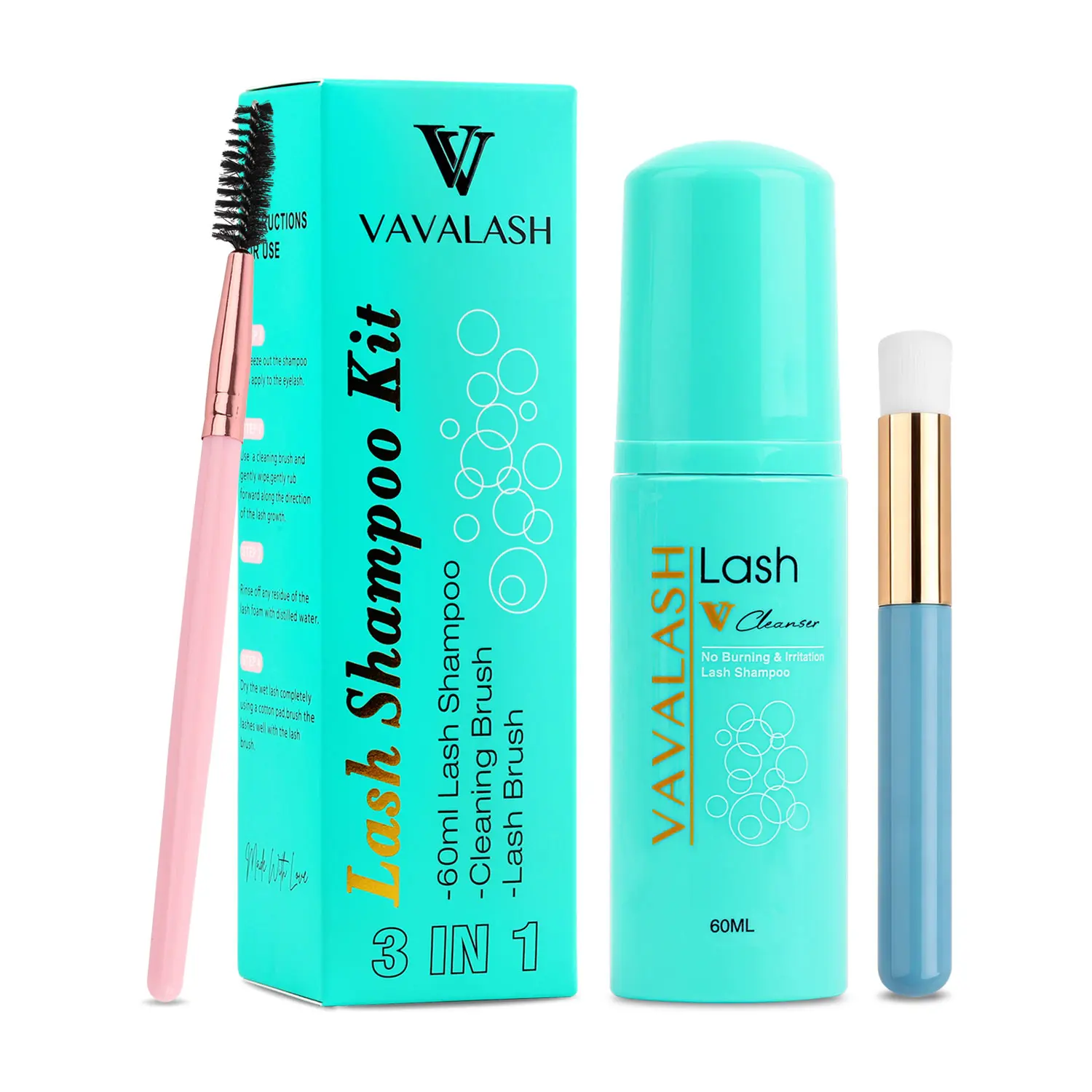 VAVABEAUTY Lash Shampoo Kit (60ml + Wand + Brush): Foaming Cleanser Mousse for Eyelash Extensions and Cluster Lashes – Paraben & Oil-Free – Suitable for Salon & Home Use