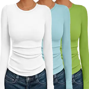 Encolax 3Pack Women's Ribbed Shirts Crewneck Fitted Tops Casual Underscrubs Layer Slim Basic T-Shirts Blouses Womenwear Medium Size