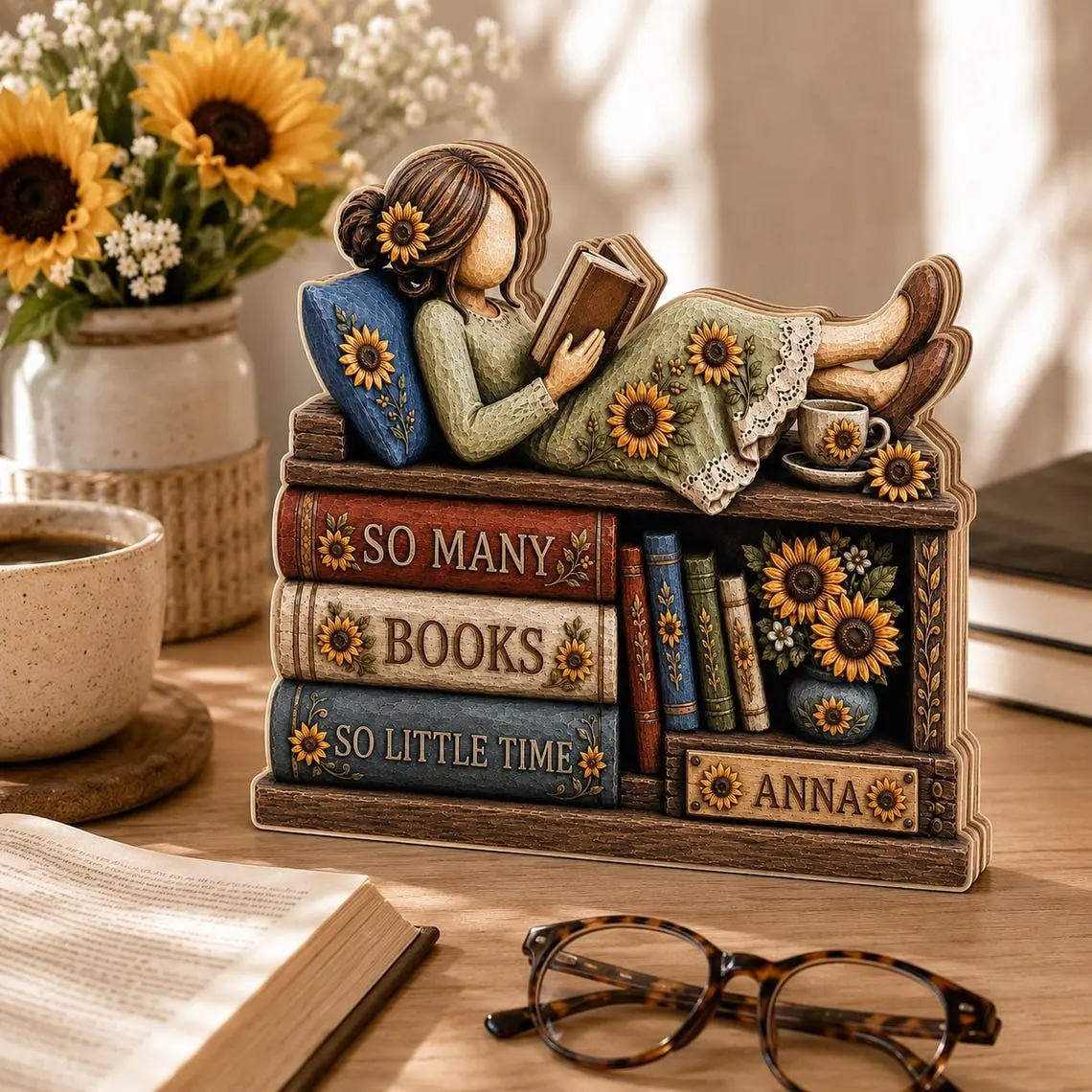 Personalized Book Lover Wooden Block, teacher classroom decor, Custom Name Reading Girl Shelf Decor, Sunflower Bookish Gift, Library Desk Sign