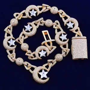 18K Thick Gold Plated Oversized Moon & Star Hip Hop Necklace, Blinding Shine Statement Chain with Exaggerated Rock & Gothic Style, Ultra Sparkling Pendant, Unisex Luxury Streetwear Jewelry, Bold High-End Eye-Catching Accessory for Party, Stage & Daily