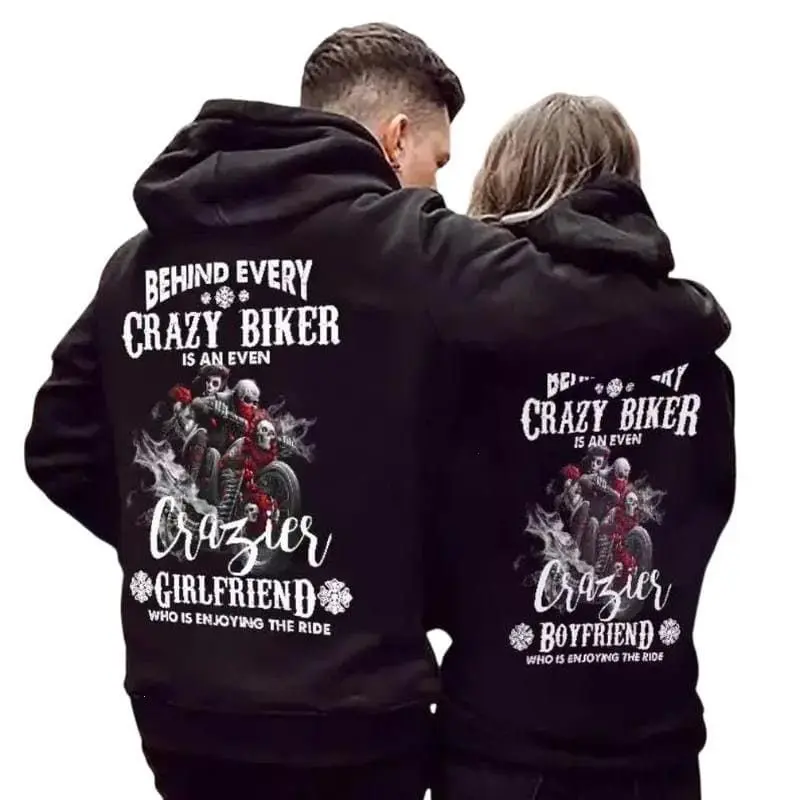 Women's Skull Print Seamless Cotton Fleece Pullover - Biker Partner Design, Soft Breathable Stretch, Chic Fitted Smooth Comfortable, Ideal Valentine's Day Gift, Unisex Casual Top, Valentines Day