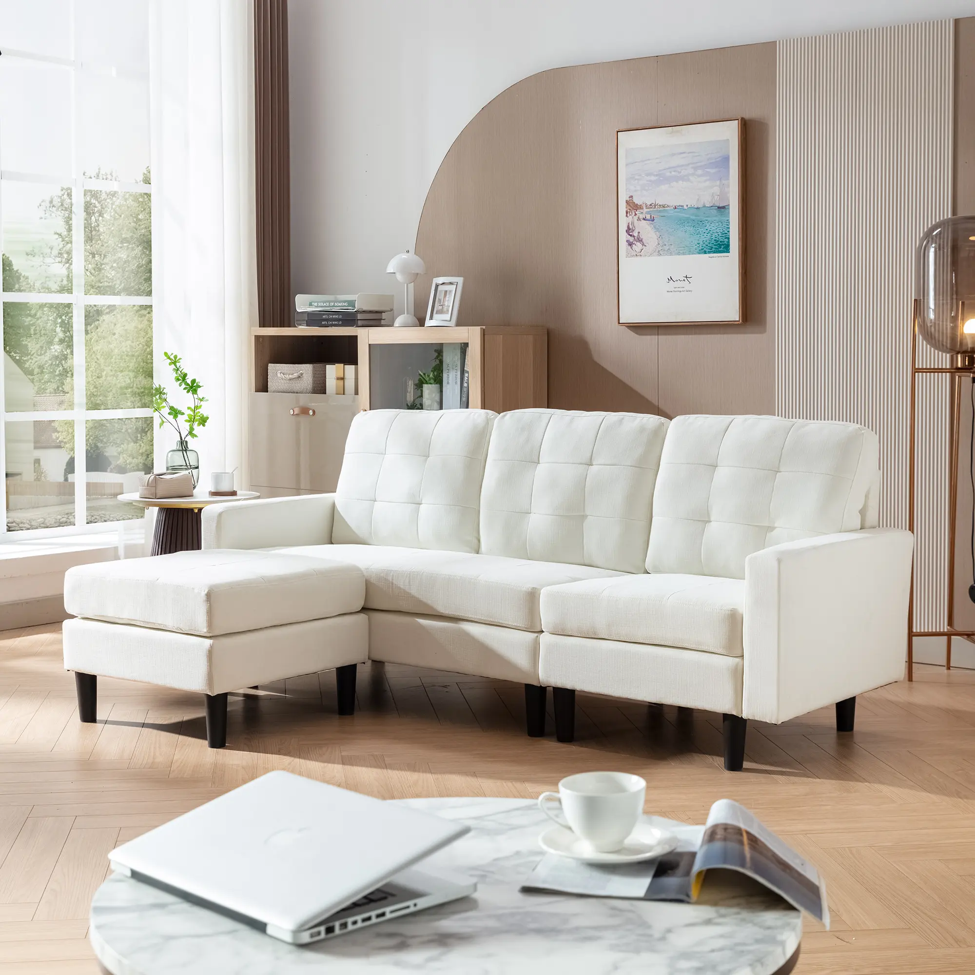 Vecelo Convertible Sectional Sofa Couch, 3 Seat L Shaped Sofa Linen Fabric Small Couch Mid Century Upholstered Furniture for Living Room, Apartment and Office