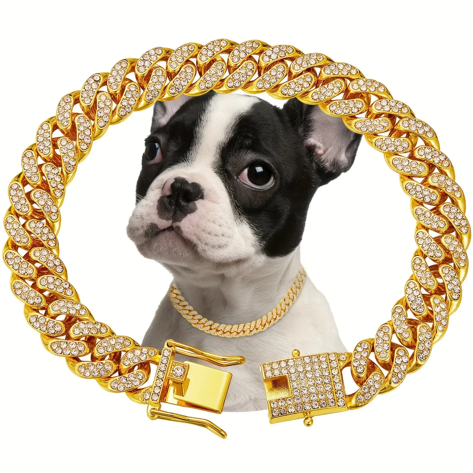 Luxury Shine Diamond-Look Alloy Dog Collar with Jeweled Edge - Adjustable, Secure Fit, Waterproof, Multi-Size Metal Choker, Matching Leash for Big Dogs Walking, 1-Stop Service (Free FBA Label, Free Photo Material)
