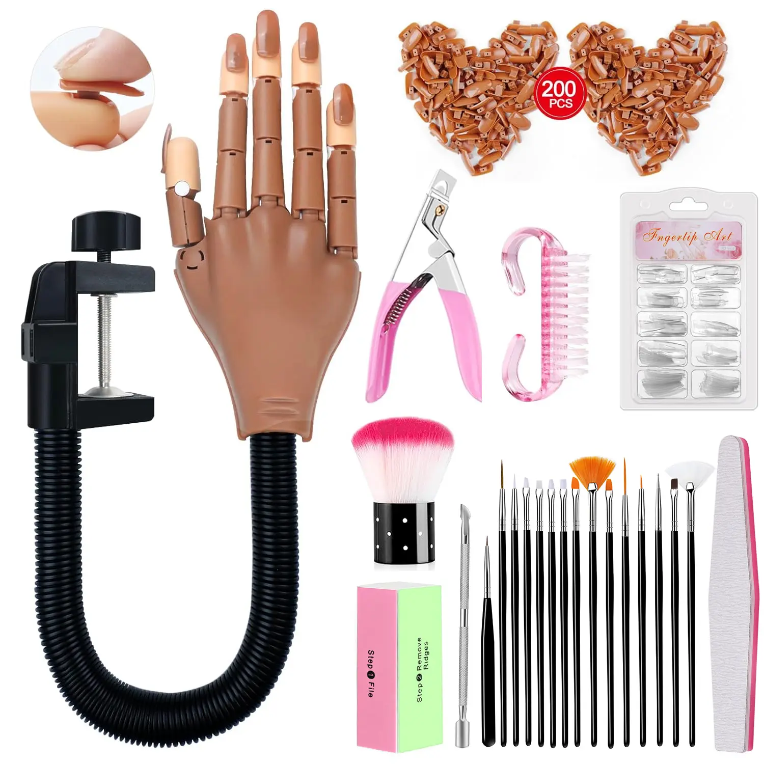 Nail Art Practice Hand Set with Flexible Model, Mechanical Finger Joints, Manicure Training Hand with 200 Nail Tips, Sanding Strips, Nail Brushes, and Nail Clippers – Beginner Manicure Kit, Nail Art Diy, Diy Manicures, Nail Tools, Suitable for Beginners