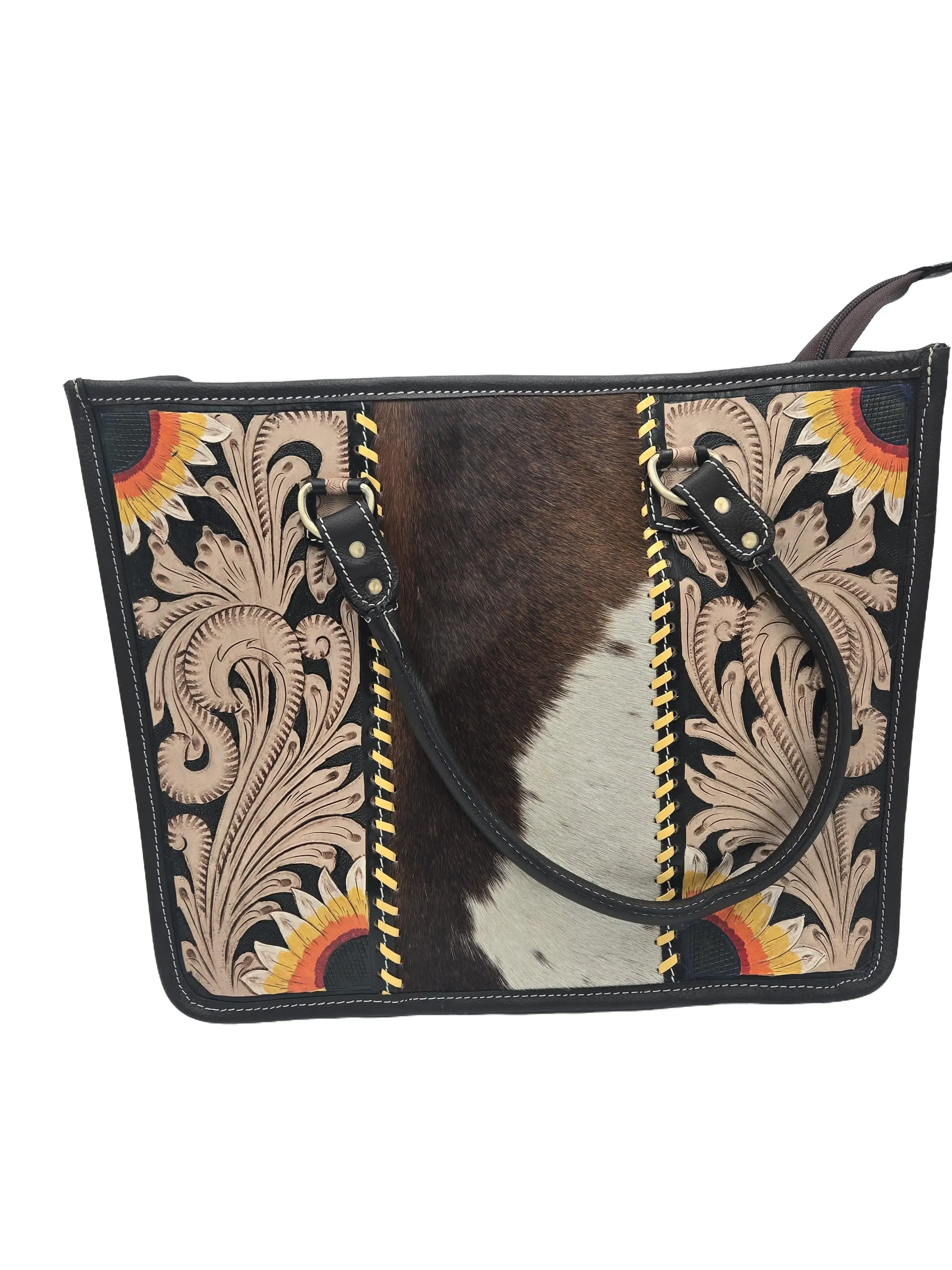 Rhea     Hand tooled, Hair on leather Tote bag,  Women's tote bag, stylish Tote Bag