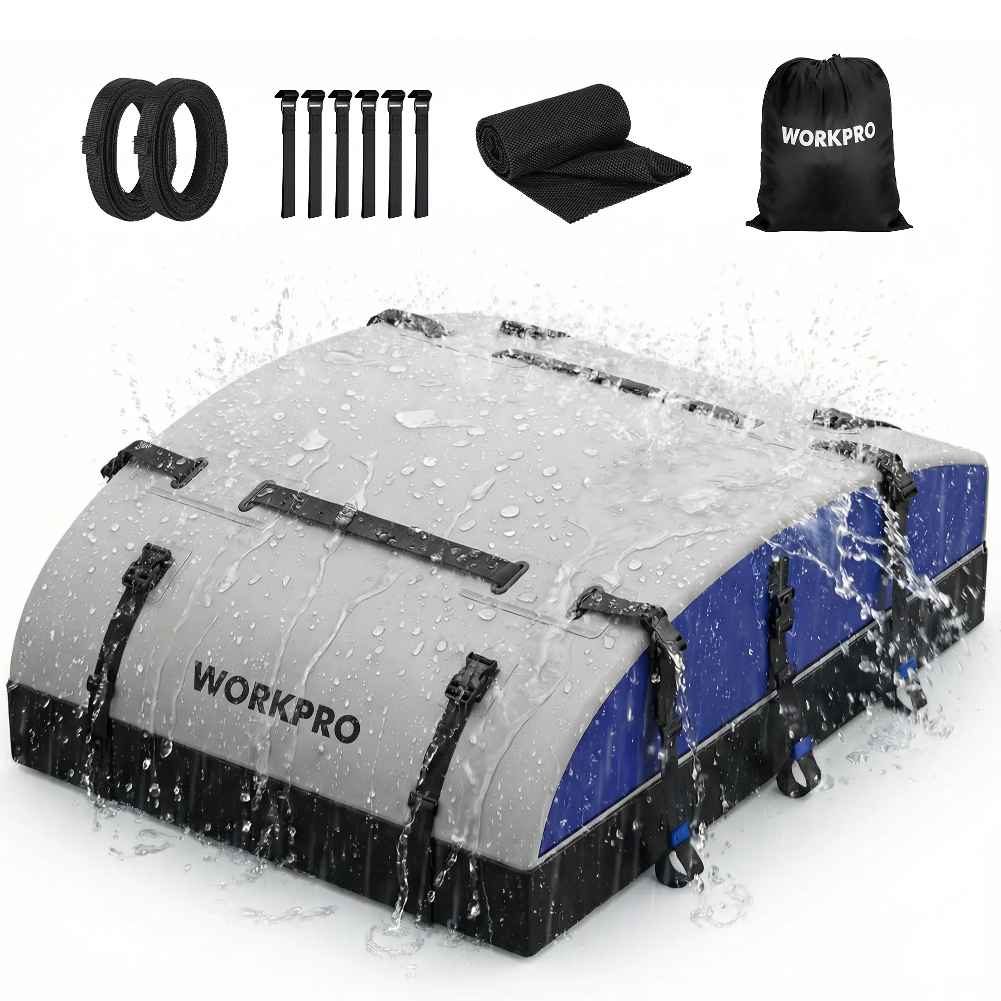 #summersale WORKPRO 21 Cubic Feet Rooftop Cargo Carrier Roof Bag, Waterproof Roof Rack Cargo Carrier for Vehicles with/Without Rack, Heavy Duty 840D PVC, Includes Anti-Slip Mat, 6 Door Hooks and Storage Bag