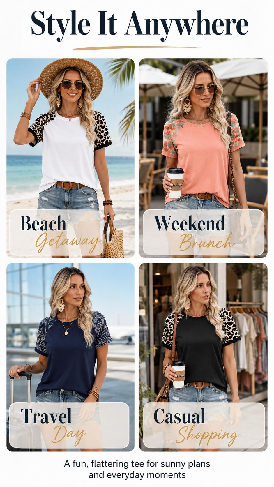WIHOLL SwimWeek Women's Casual Polyester Colorblock Short-Sleeve Raglan Shirts, Summer-Spring Fashion Vacation Outfits