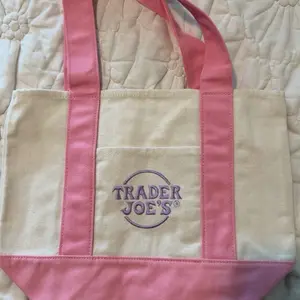 Trader Joes Tote Bag - Beige & Pink, Adjustable Straps, Featuring Logo Design