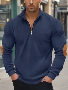 Men's Fall Outfits Corduroy Warm Stand Collar Pullover Sweater for Daliy Wear, Zipper Half Button-Down, Casual Fitted Design, Patch Elbow Patches
