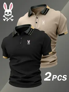 Two-Pack Hh5057 Skull Rabbit Print Men's Polo Shirts, Elastic Casual Breathable All-Season Comfortable High-End Polo Tops