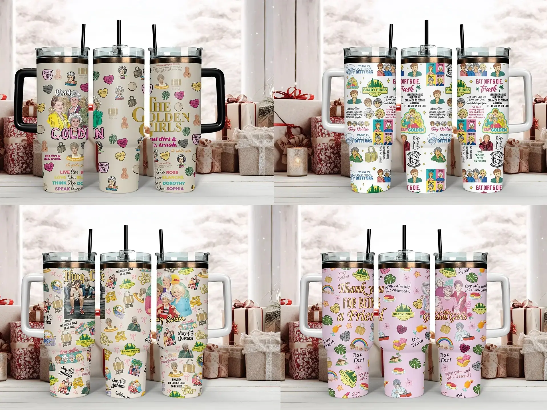 Classic The Golden Girls Reusable Insulated Stainless Steel Tumbler Collection - BPA-Free, Dishwasher-Safe Lid, Hand-Washable Handle Cups, Straws, Iconic Quotes (Blanche,Rose,Dorothy,Sophia) - Versatile Collectibles for Road Trips, Sitcom Fans