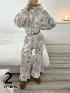 Women's Casual Two-Piece Set, Hooded Sweatshirt & Drawstring Pants, Light Floral Print, Street Style, Fashionable & Trendy Clothes