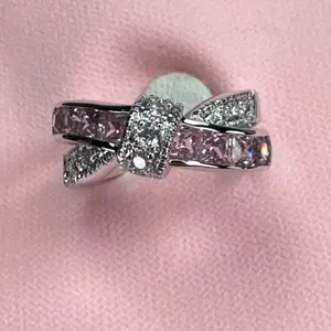 Stainless  Steel Ring Rhodium Plated with Pink and Clear CZ