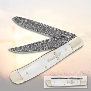 Cross of Faith Faux Damascus Pocket Knife