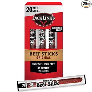 Jack Link's Beef Sticks, Original Protein Snack, Meat Stick with 6g of Protein, Meat Snack Sticks Made with 100% Beef, Keto, Paleo & Carnivore Diet Ready, Individually Wrapped 0.92 Oz. (20 Count)