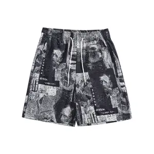 Menswear Men's Knee-Above Graphic Beach Shorts - Tropical Graffiti Design, Drawstring Closure, Comfortable Fit, Ideal for Warm Weather Casual Outings