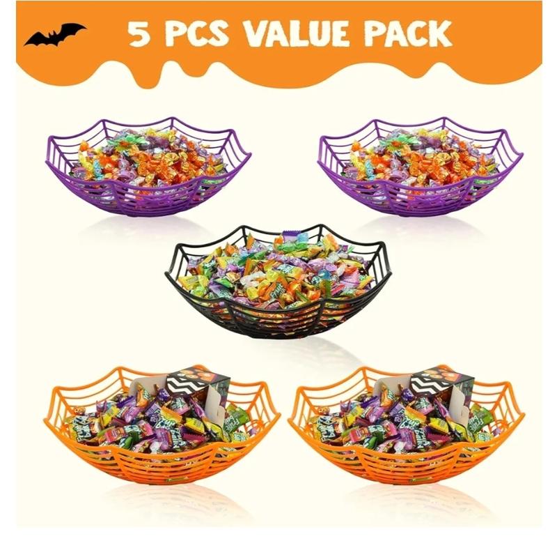 5 Pcs Halloween Candy Bowl Dish Spider Web Halloween Decorations Indoor Decor, Party Supplies Favors Table Desk Haunted House Trick Or Treat Basket Plastic