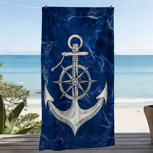 Sea Themed Beach Towel with Sea Anchor and Compass Design, Quick Drying and Absorbent, Essential for Seaside Vacations, Suitable for Use in Swimming Pools, Yoga, and Beaches 180x90cm