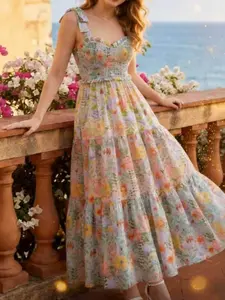 New Arrival Women's Fashion Casual Sleeveless Layered Tie-Dye Floral Print Dress, Stylish and Comfortable, Perfect for Daily Wear and Special Occasions