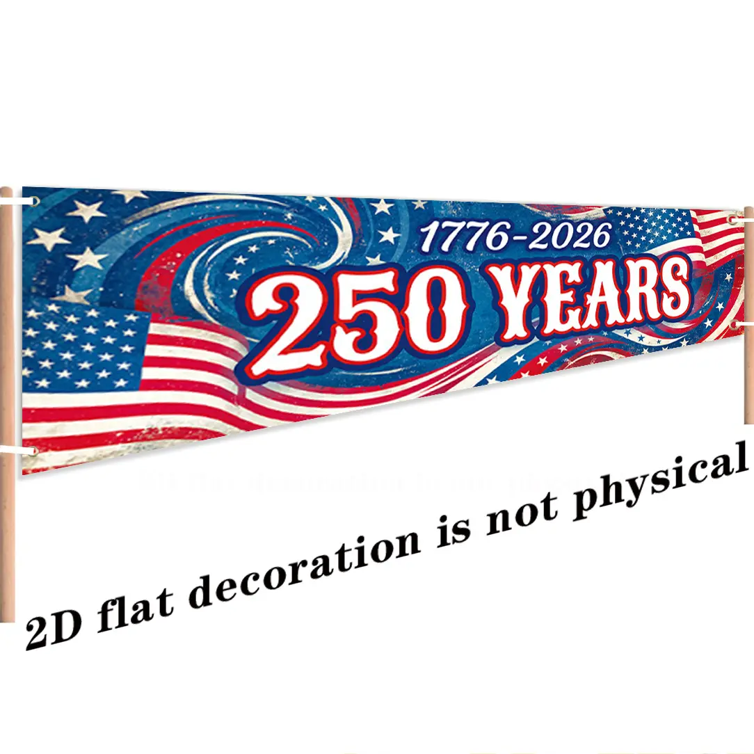 2D Flat American Independence Day Themed Party Banner, Decorative Banner, Party Decorations Banners - Retro 250th Anniversary Star Bar Design Pattern, with 250 YEARS, 1776-2026 and Star Bar Texture, Suitable for Parties, Indoor and Outdoor